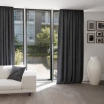 Modern living room drape, lightly shiny, soft touch, graphite