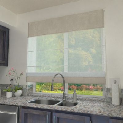 Roman blind, dual fabric in a cool beige colour