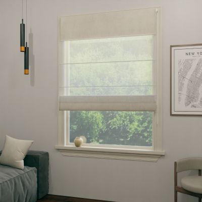 Voile roman blind, dual fabric. Upper and lower segments in light beige.