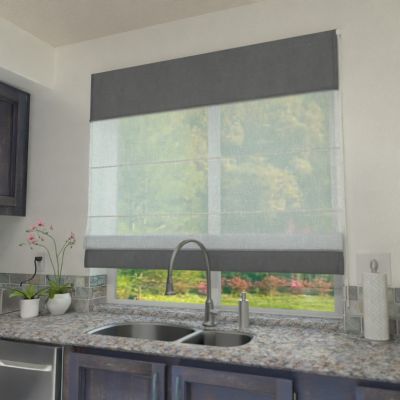 A voile roman blind, dual fabric, made to measure. Edge segments in dark graphite.