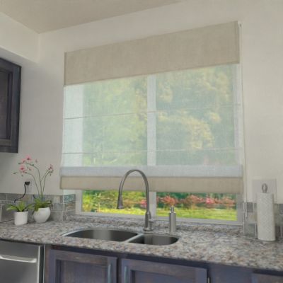 Roman blind, dual fabric, made to measure. Curtain fabric inside, upper and lower segments in beige.