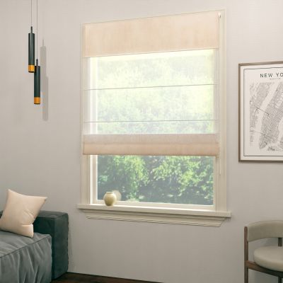 Roman blind, dual fabric, made to measure. Curtain fabric inside, upper and lower segments in flesh beige.