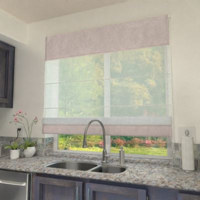 Voile roman blind, dual fabric. Upper and lower segments in light pink.