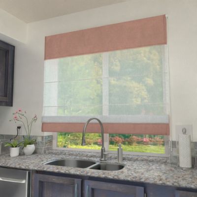 Voile roman blind, dual fabric. Outer segments in pastel pink.