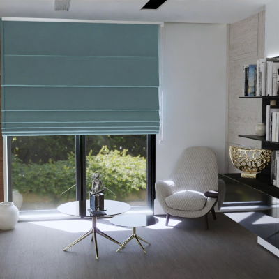 Roman blind in stylish light turquoise velvet