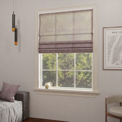 Elegant Roman blind, semi-transparent with linen structure, brown shade, for the living room