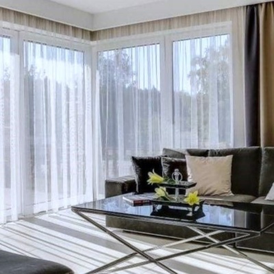 Modern curtain with matte white delicate rainbow 
