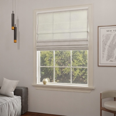 Delicate semi-transparent Roman blind, matt linen weave, very light cream