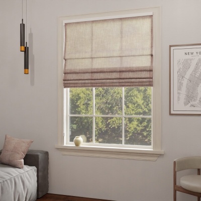Fashionable fabric Roman blind, semi-transparent with linen structure, light brown shade