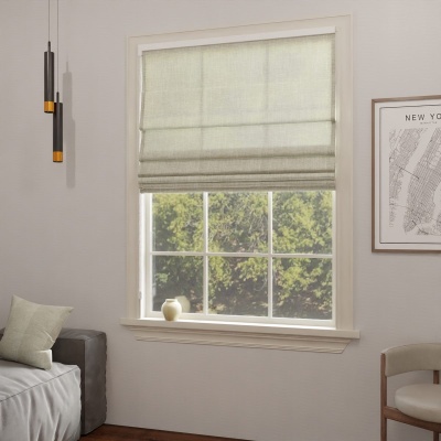 Modern semi-transparent Roman blind, matt with linen texture, shade of green