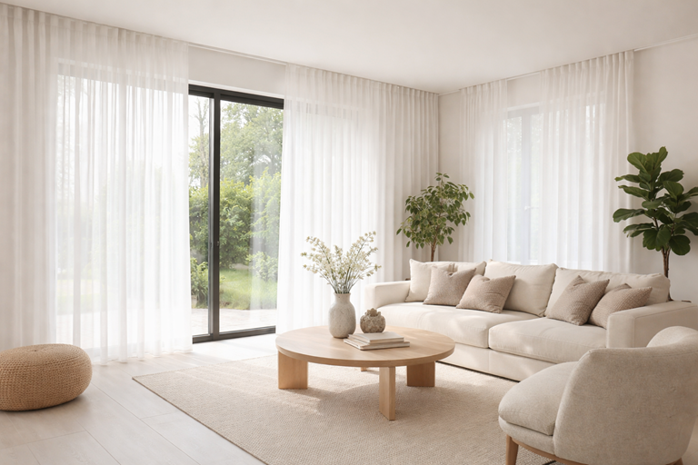 Fashionable voile curtains in neutral white tones &ndash; window dressing trends 2026