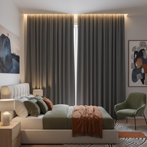 Modern bedroom with blackout curtains on the window