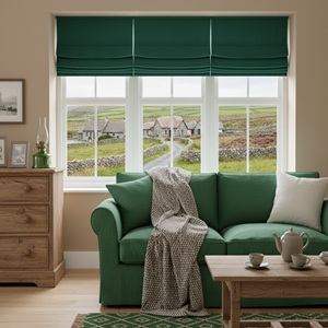 Country cottage house interior with green roman blinds