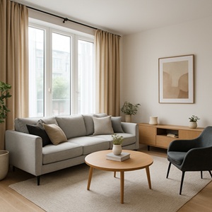 Modern room with curtains on the window