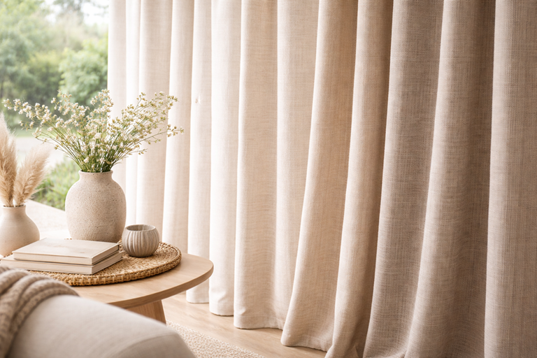 Natural linen-look curtains in beige and sand tones &ndash; interior trends 2026