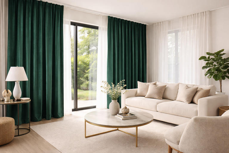 Velvet curtains in green and teal shades &ndash; window dressing trends 2026